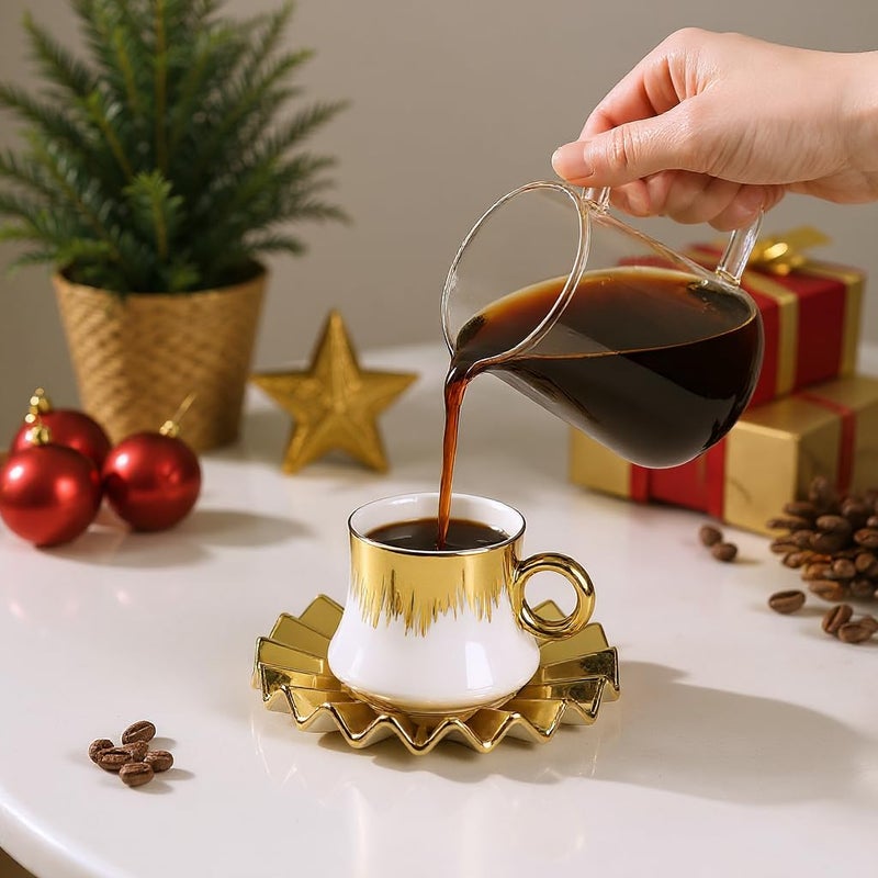 Hebaogugu Coffee Cup Set of 6 with Saucers, 3.5 OZ Ceramic Espresso Cups, Deco Gold Trim Coffee Cup Gift for Cappuccino, Latte, Cafe Mocha and Tea, Dishwasher & Microwave Safe (White and Gold) - Image 2