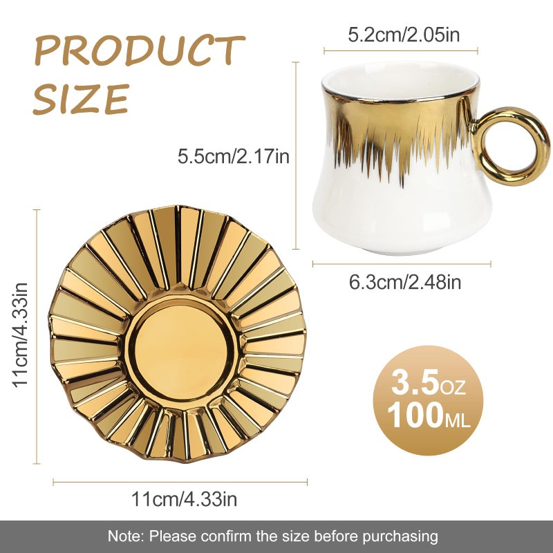 Hebaogugu Coffee Cup Set of 6 with Saucers, 3.5 OZ Ceramic Espresso Cups, Deco Gold Trim Coffee Cup Gift for Cappuccino, Latte, Cafe Mocha and Tea, Dishwasher & Microwave Safe (White and Gold) - Image 4