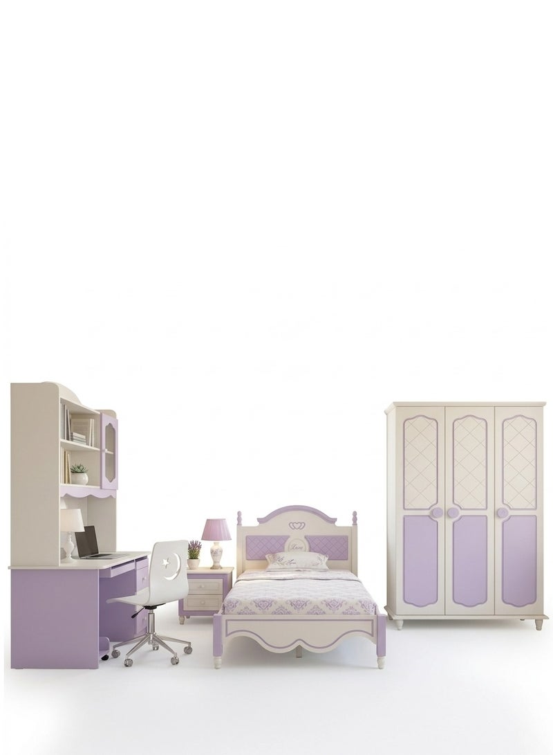 Concent Modern Kids Bedroom Set - Bed, Library, Chair, City Room & Wardrobe 3 Doors - White & Purple - Image 1