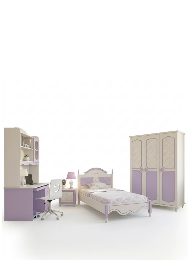 Concent Modern Kids Bedroom Set - Bed, Library, Chair, City Room & Wardrobe 3 Doors - White & Purple - Image 2