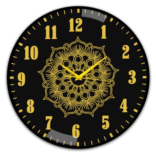 SOLOBOLO Big Decorative Designer Latest and Stylish Glass Digital Wall Clock Suitalbe for Living Room Hall Bedroom, Silent Non Ticking and Noiseless Clock,Mandala Design,Gold Black, Size 12 Inch - Image 1