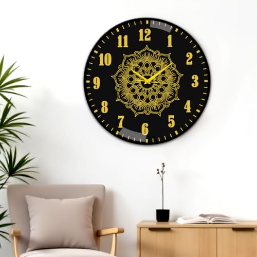 SOLOBOLO Big Decorative Designer Latest and Stylish Glass Digital Wall Clock Suitalbe for Living Room Hall Bedroom, Silent Non Ticking and Noiseless Clock,Mandala Design,Gold Black, Size 12 Inch - Image 2