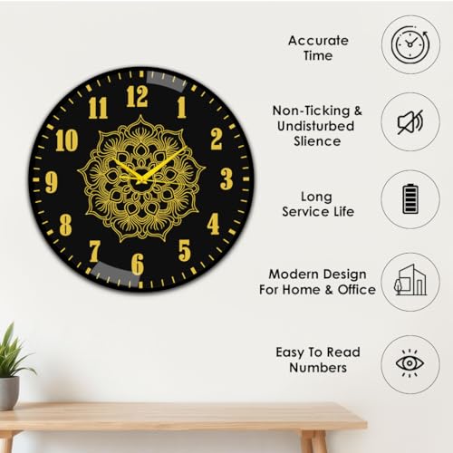 SOLOBOLO Big Decorative Designer Latest and Stylish Glass Digital Wall Clock Suitalbe for Living Room Hall Bedroom, Silent Non Ticking and Noiseless Clock,Mandala Design,Gold Black, Size 12 Inch - Image 3