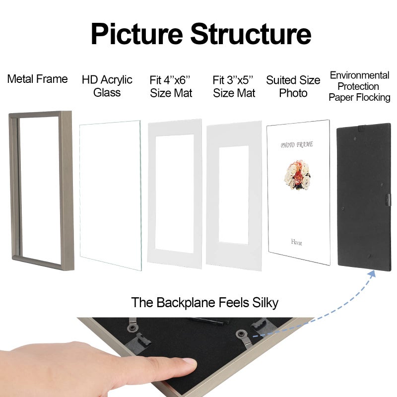 Fkvat 5x7 Picture Frame Set of 4, Matted Champagne Simple Modern Brushed Thin Aluminum Metal Photo Frame Fits 4x6 and 3x5 with Mat or 5 x 7 without Mat . Vertical and Horizontal for Tabletop and Wall - Image 2