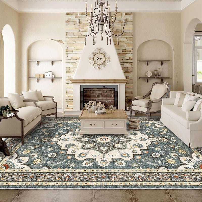TOPRUUG Washable Oriental Area Rug - 9x12 Rugs for Living Room Soft Carpet for Bedroom Waterproof Floral Distressed Indoor Stain Resistant Non-Shedding Floor Carpets (Blue, 9x12) - Image 1