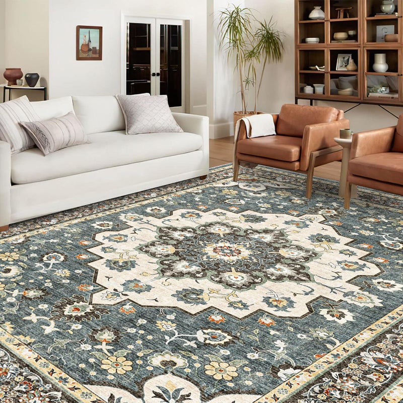 TOPRUUG Washable Oriental Area Rug - 9x12 Rugs for Living Room Soft Carpet for Bedroom Waterproof Floral Distressed Indoor Stain Resistant Non-Shedding Floor Carpets (Blue, 9x12) - Image 2