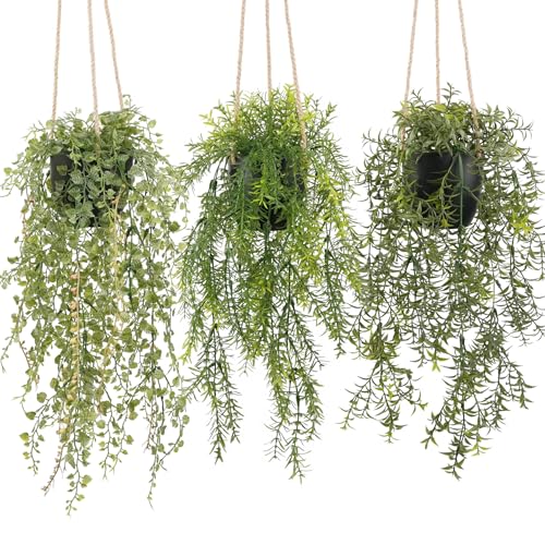 PENGYEE 3 Packs Fake Hanging Plants with Black Pots, 18.5" Artificial Hanging Plants for Wall Decor, Fake Plants Mandala Vine Indoor/Outdoor for Home Bathroom Bedroom Kitchen Office Room Decor - Image 1