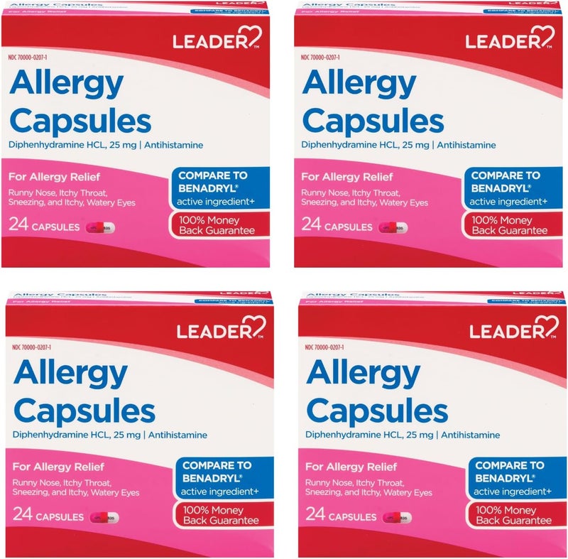 Leader Antihistamine Allergy Relief Diphenhydramine HCl, 25mg Capsules, 24 Count Pack of 4