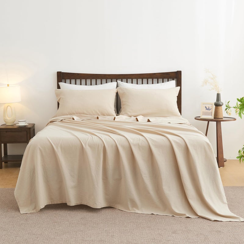 SimpleOpulence Belgian Linen Sheet Set Solid Color  4 Pieces 1 Flat Sheet 1 Fitted Sheet  2 Pillowcases Natural Flax Cotton Blend Soft Breathable Farmhouse Bedding  Queen Size LinenBeige