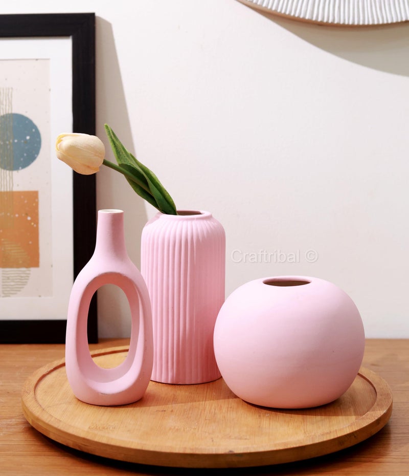 Craftribal Ceramic Trio Vases (Pink) Set of 3 Matte Finish Ceramic Designer Flower Vases for Home, Decoration, Centre Table, Room, Side Corner Beautiful Decorative Vases - Minimalist & Stylish Design - Image 1