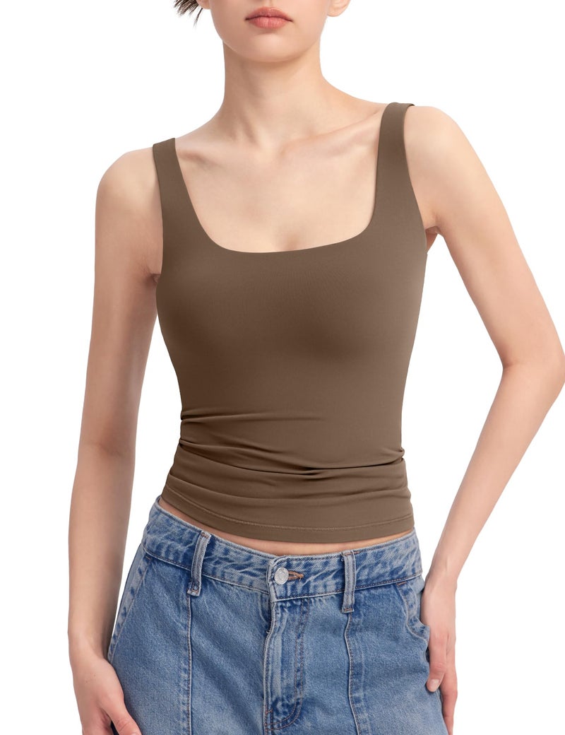PUMIEY Tank Top for Women Square Neck Sleeveless Basic Workout Tank Tops, Mocha Large - Image 1