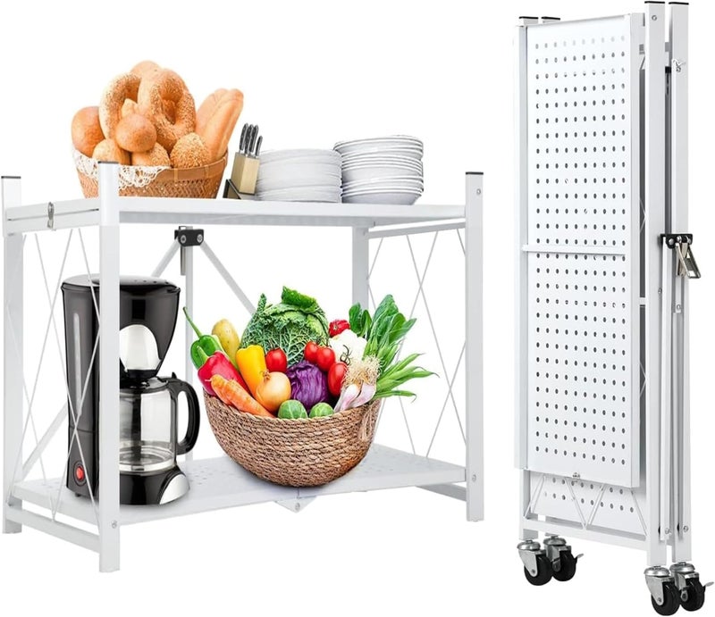 Bentifar Elegant multi-option build 2 Tier Thickened Foldable Storage Rack with Wheels,No Assembly,Large Capacity Shelves,Heavy-Duty Metal Shelving Unit Rolling Cart for Garage, Kitchen, Basement, Pantry(White, 2-Tier) Quick use-switch compatible build - Image 1