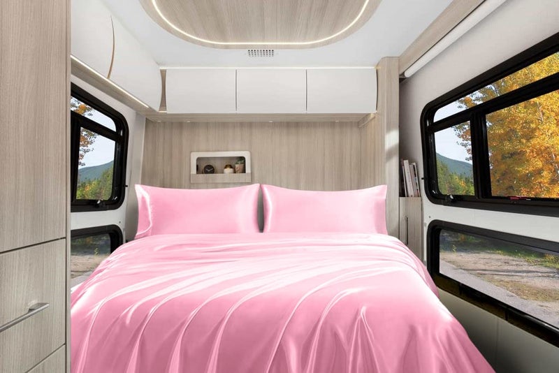 Homiest Homiest 4pcs RV Short Queen Satin Sheets Set Luxury Silky Satin Bedding Set with 10"" Deep Pocket  Camper Queen Sheets  1 Fitted Sheet + 1 Flat Sheet + 2 Pillowcases (RV Short Queen  Pink)  - Image 1