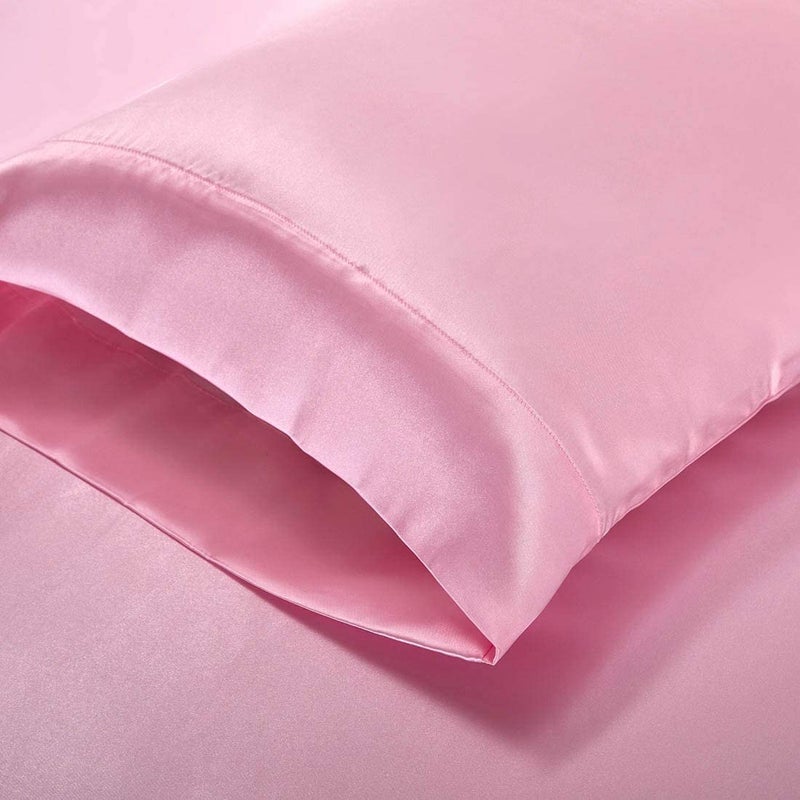 Homiest Homiest 4pcs RV Short Queen Satin Sheets Set Luxury Silky Satin Bedding Set with 10"" Deep Pocket  Camper Queen Sheets  1 Fitted Sheet + 1 Flat Sheet + 2 Pillowcases (RV Short Queen  Pink)  - Image 5