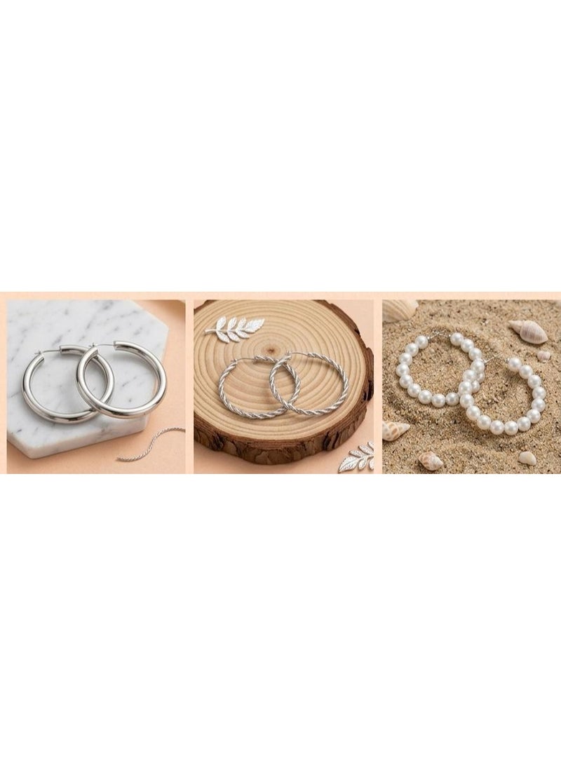 3-Pair Silver-Tone Hoop Earrings Set – Classic Smooth Hoops, Twisted Rope Design, and Elegant Faux Pearl Accents