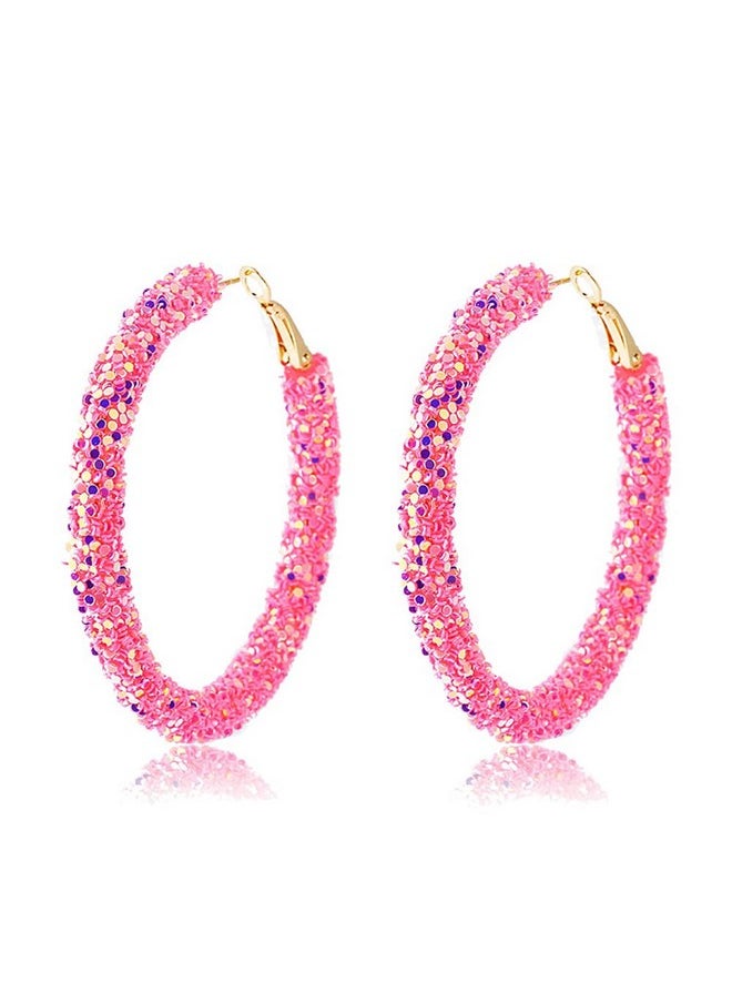 COLORFUL BLING Bohemian Shiny Glitter Sequins Hoop Earrings Wrapped Gold Plated Circle Statement Rhinestone Dangle Drop Earrings For Women Girls Boho Jewelrypink  - Image 1