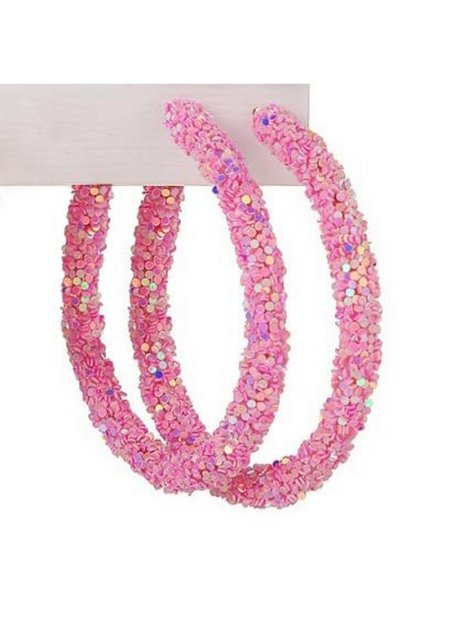 COLORFUL BLING Bohemian Shiny Glitter Sequins Hoop Earrings Wrapped Gold Plated Circle Statement Rhinestone Dangle Drop Earrings For Women Girls Boho Jewelrypink  - Image 2