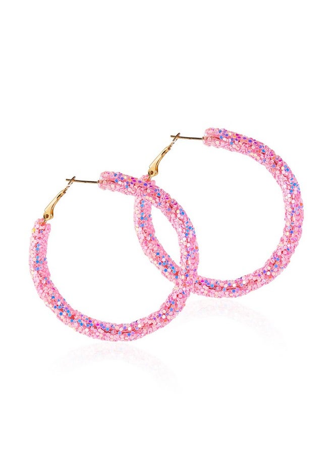 COLORFUL BLING Bohemian Shiny Glitter Sequins Hoop Earrings Wrapped Gold Plated Circle Statement Rhinestone Dangle Drop Earrings For Women Girls Boho Jewelrypink  - Image 3