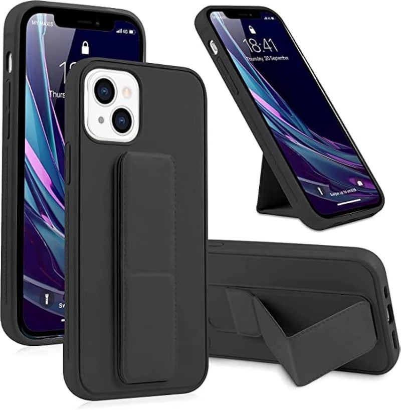 S-TOP Iphone 14 Max Mobile Case With Magnetic Stand And Holder Hand Strap Grip Premium Silicone Magnetic Car Mount Cover Foldable Kickstand Case Finger Grip Cover Black