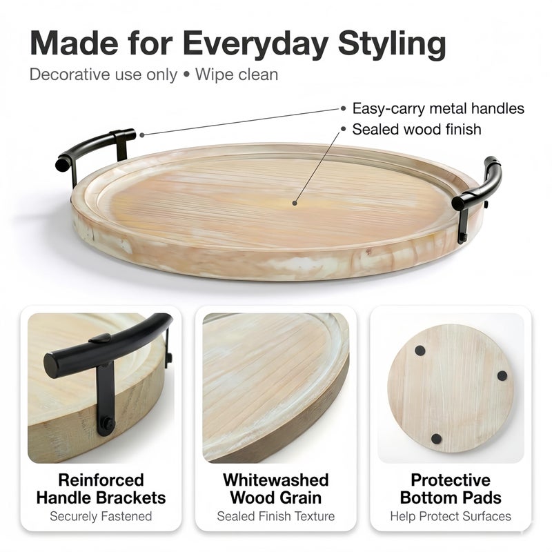 Relaxing Garden Decorative Round Tray with Bead Garland, 13 Inch Whitewashed Farmhouse Coffee Table Centerpiece, Wooden Decor Tray with Handles for Kitchen Island & Entryway - Image 3
