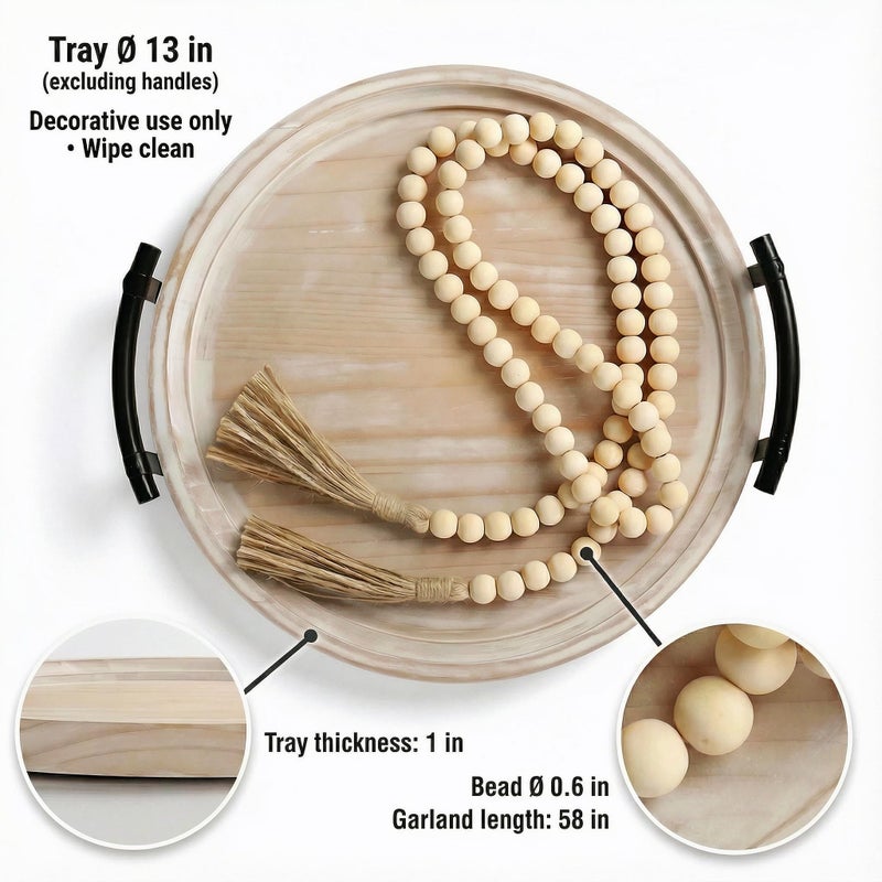 Relaxing Garden Decorative Round Tray with Bead Garland, 13 Inch Whitewashed Farmhouse Coffee Table Centerpiece, Wooden Decor Tray with Handles for Kitchen Island & Entryway - Image 2