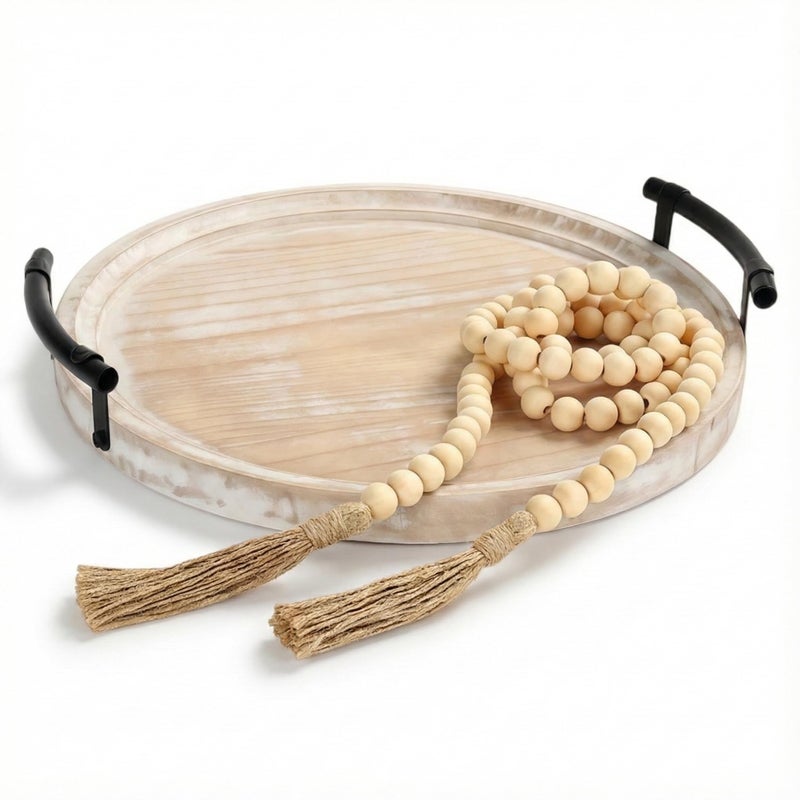 Relaxing Garden Decorative Round Tray with Bead Garland, 13 Inch Whitewashed Farmhouse Coffee Table Centerpiece, Wooden Decor Tray with Handles for Kitchen Island & Entryway - Image 1
