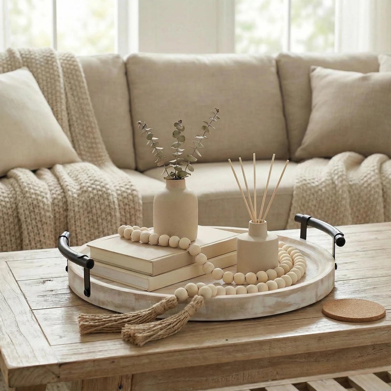 Relaxing Garden Decorative Round Tray with Bead Garland, 13 Inch Whitewashed Farmhouse Coffee Table Centerpiece, Wooden Decor Tray with Handles for Kitchen Island & Entryway - Image 5