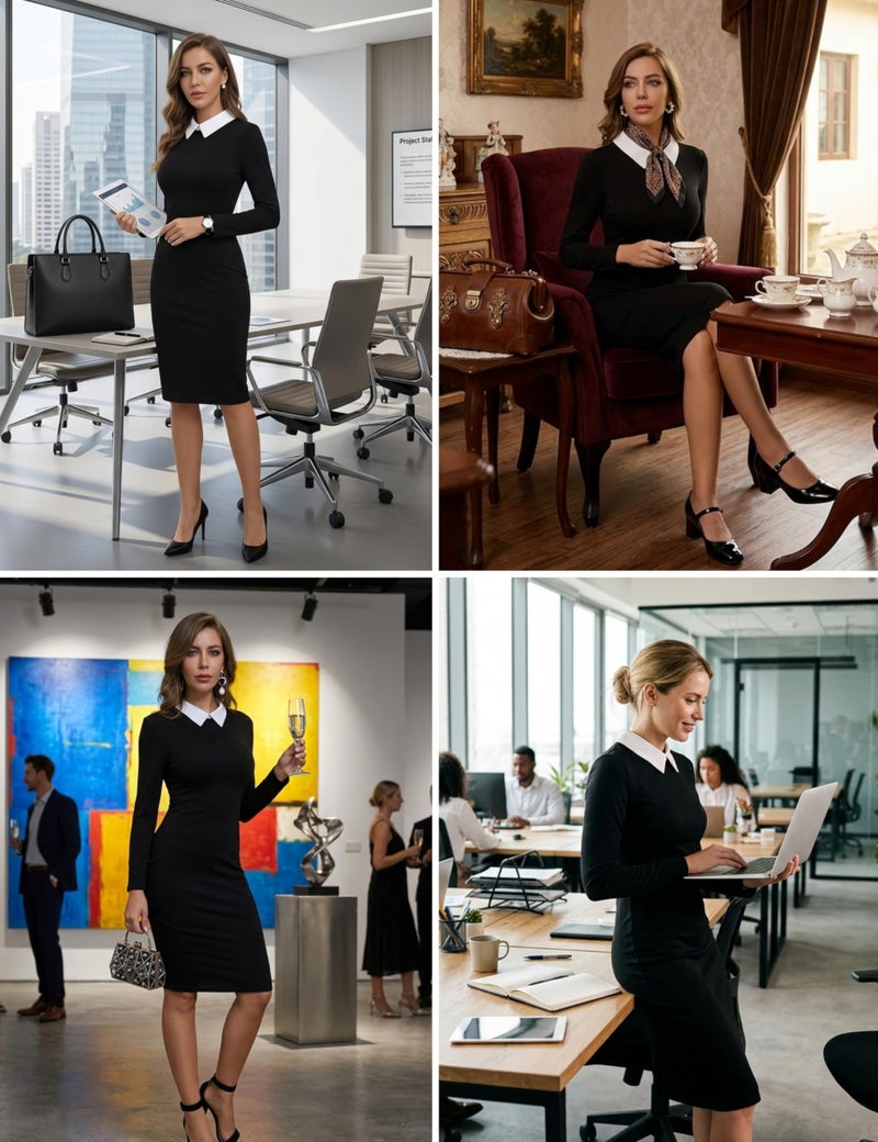 Aphratti Women's Long Sleeve Peter Pan Collar Sheath Dress Funeral Business Office Wear to Work Professional Outfits Black01 Large - Image 4