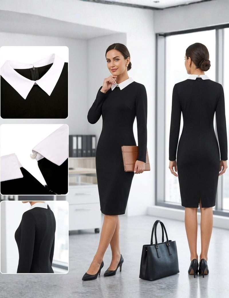 Aphratti Women's Long Sleeve Peter Pan Collar Sheath Dress Funeral Business Office Wear to Work Professional Outfits Black01 Large - Image 3