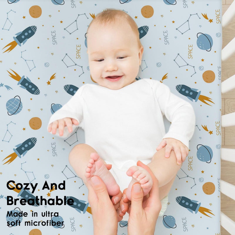 Yoofoss Baby Crib Sheets for Boys Girls, Fitted Crib Sheet 2 Pack for Standard Crib and Toddler Mattress, Super Soft Microfiber Baby Sheet 28x52x8in(Blue Rocket) - Image 4