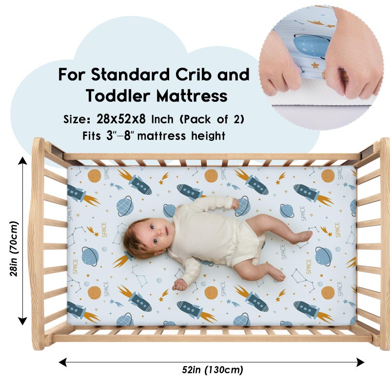 Yoofoss Baby Crib Sheets for Boys Girls, Fitted Crib Sheet 2 Pack for Standard Crib and Toddler Mattress, Super Soft Microfiber Baby Sheet 28x52x8in(Blue Rocket) - Image 2
