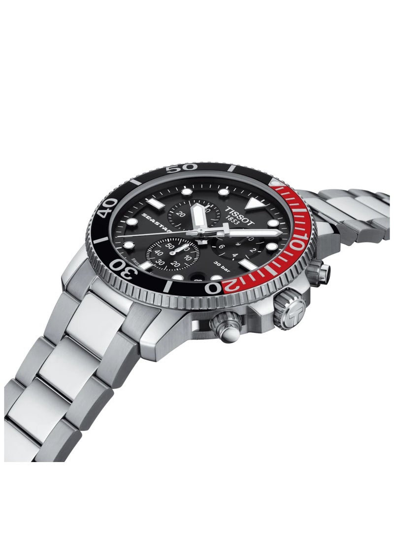 TISSOT ساعة سي ستار 1000 كرونوغراف بقرص أسود وحزام فولاذي فضي للرجال - T120.417.11.051.01 - Image 2