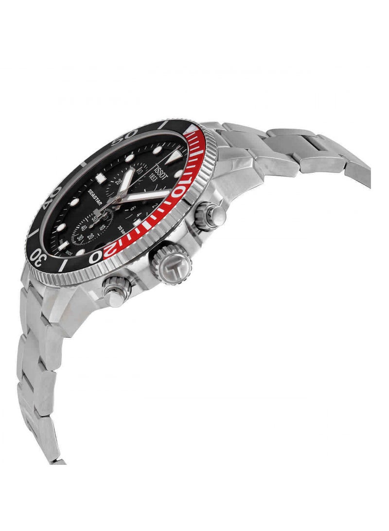 TISSOT ساعة سي ستار 1000 كرونوغراف بقرص أسود وحزام فولاذي فضي للرجال - T120.417.11.051.01 - Image 3