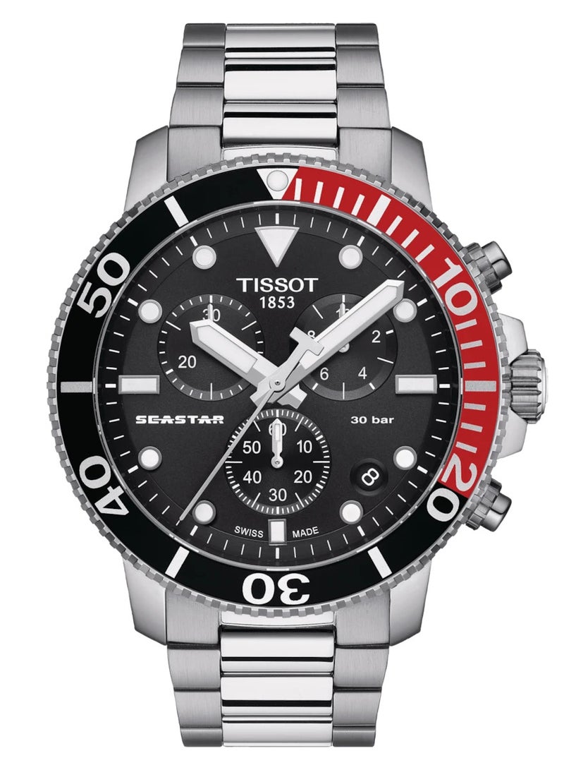 TISSOT ساعة سي ستار 1000 كرونوغراف بقرص أسود وحزام فولاذي فضي للرجال - T120.417.11.051.01 - Image 1