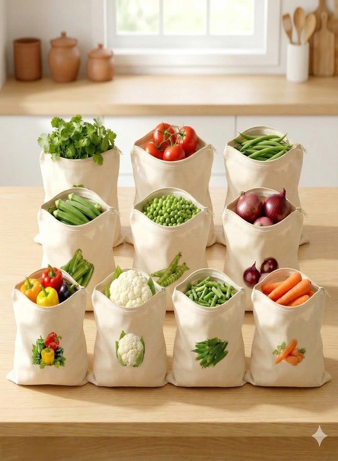 VEDHAK Reusable Cotton Fridge Storage Bags (Set of 10) – Eco Friendly Zipper Vegetable & Fruit Bags, Washable Breathable Produce Storage for Kitchen Organizer & Grocery - Image 1