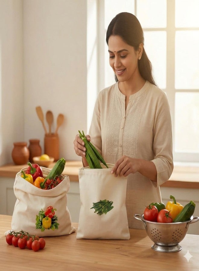 VEDHAK Reusable Cotton Fridge Storage Bags (Set of 10) – Eco Friendly Zipper Vegetable & Fruit Bags, Washable Breathable Produce Storage for Kitchen Organizer & Grocery - Image 5