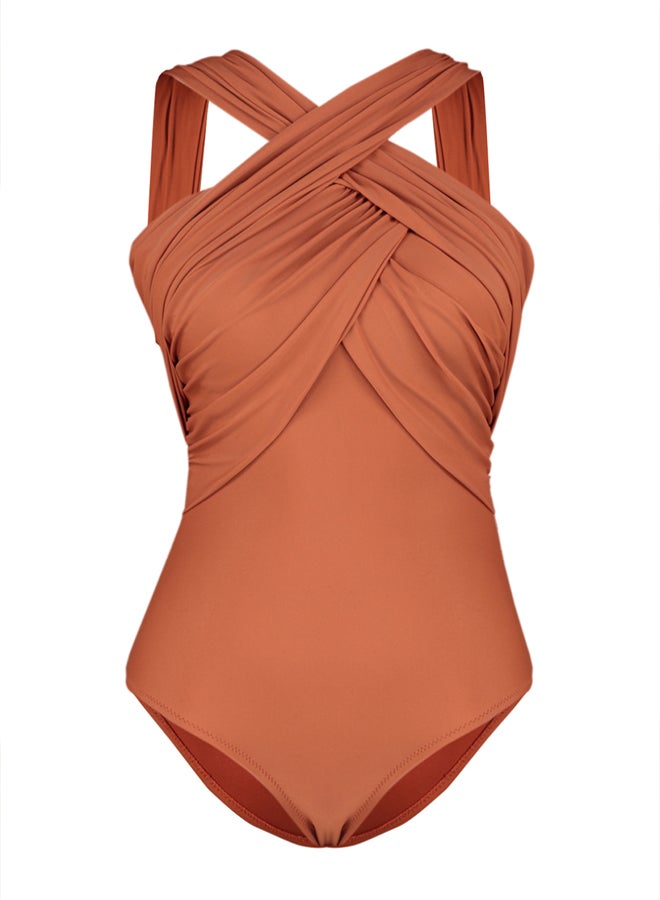 Tile Halter Collar Draped Regular Swimsuit