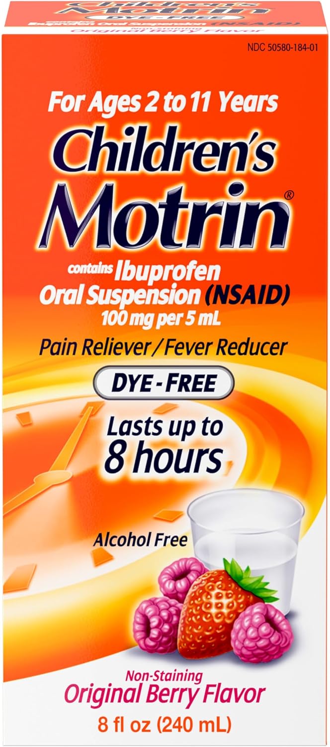 Motrin Children's Oral Suspension 100mg Ibuprofen Medicine, NSAID Fever Reducer & Pain Reliever for Minor Aches & Pains Due to Cold & Flu, Dye Free, Alcohol-Free, Berry Flavored, 8 fl. oz