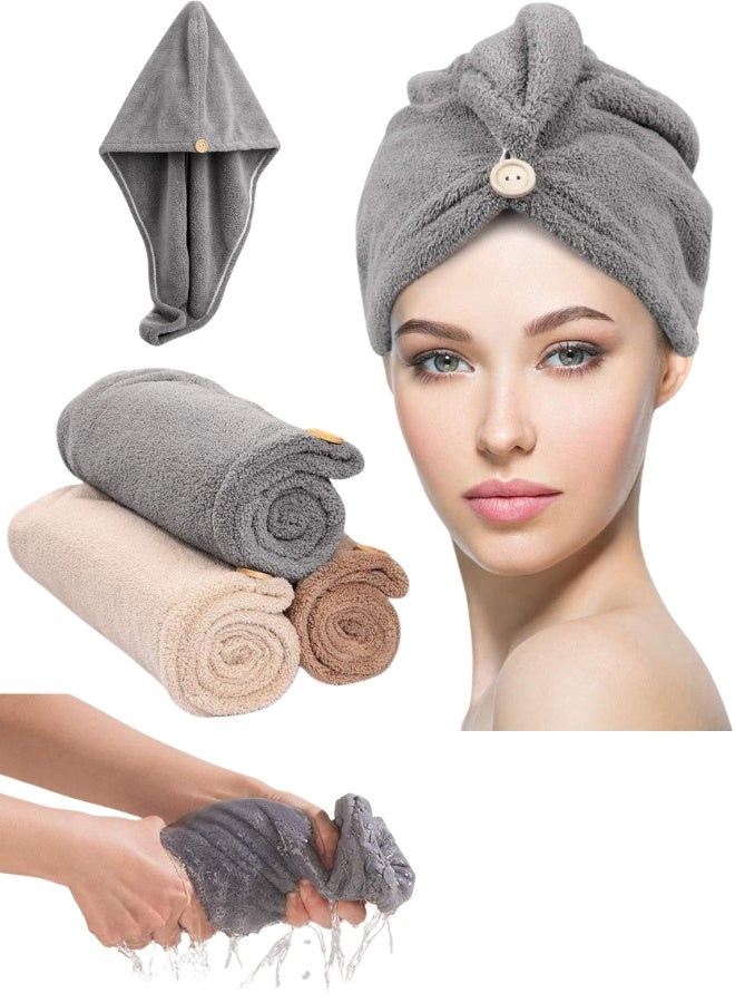 Microfiber Hair Towel Wrap 3 Pack – Fast Drying Hair Turban for Women – Super Absorbent Lightweight Quick Dry Hair Towel Cap for Curly, Long & Thick Hair – Anti Frizz Microfiber Hair Wrap with Secure Button Loop – Gym, Travel, Spa & Daily Hair Care - Multicolor - Image 1