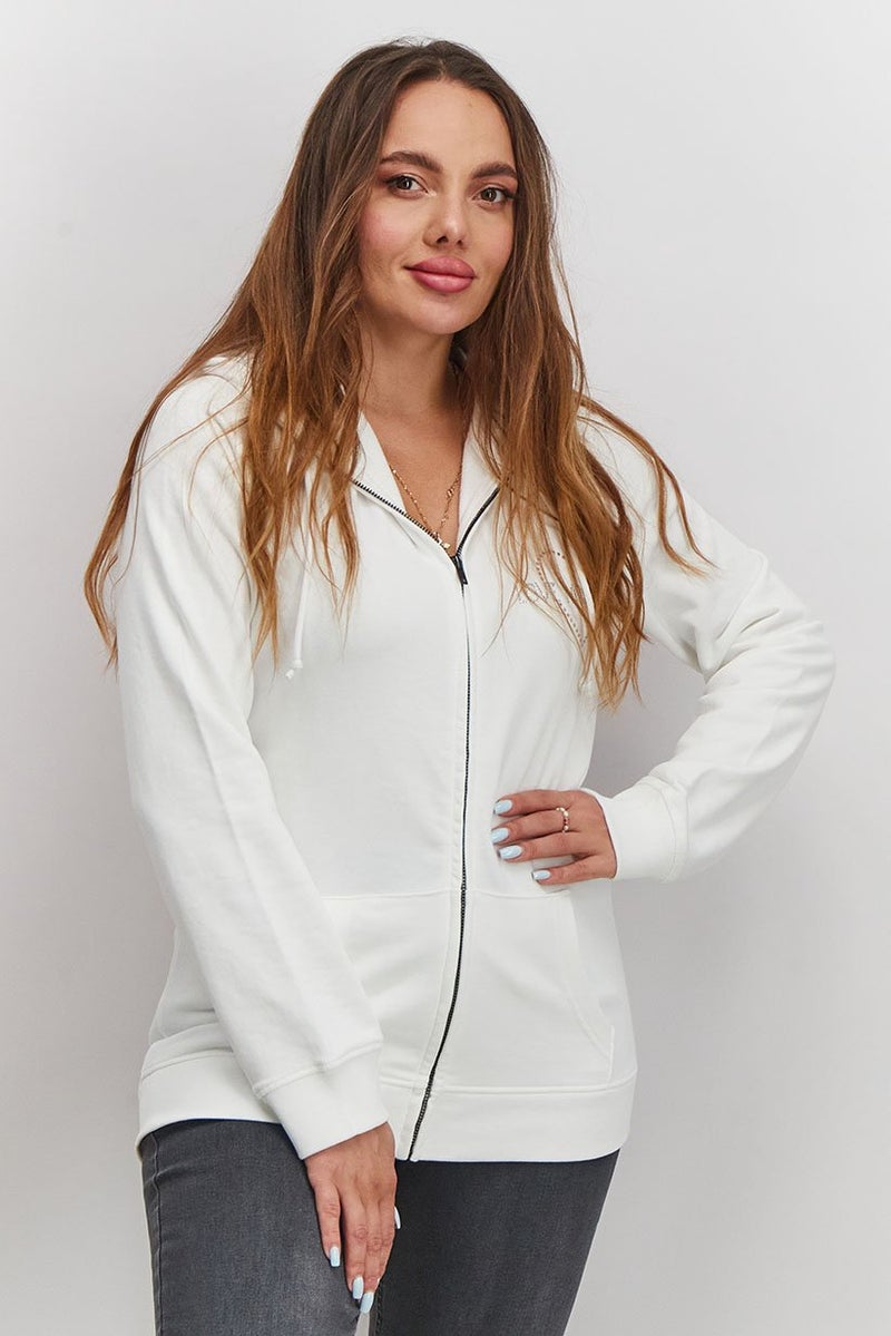 Love Moschino Women Hooded Neck Rhinestone Full Zip Sweatshirt, White  - Image 1