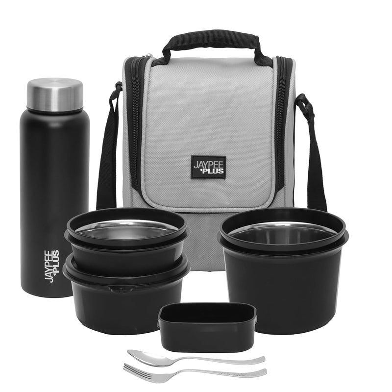 Jaypee Plus 1390 ml Stainless Steel Office Lunch Box | BPA Free, Microwave Safe & Spillproof Airtight 4 Containers | Includes Bottle, Spoon, Fork & Insulated Bag | Ideal for College & School (Grey) - Image 1