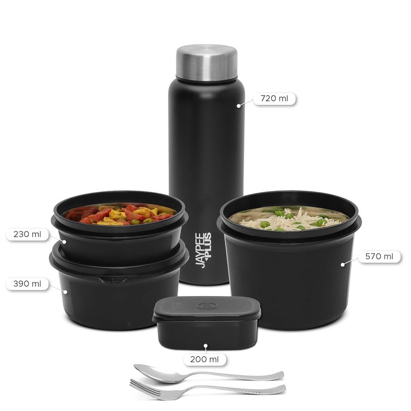 Jaypee Plus 1390 ml Stainless Steel Office Lunch Box | BPA Free, Microwave Safe & Spillproof Airtight 4 Containers | Includes Bottle, Spoon, Fork & Insulated Bag | Ideal for College & School (Grey) - Image 3
