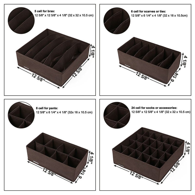 Vaoza Vaoza Drawer Organizer Storage Box Drawer Divider Innerwear Organizer Wardrobe Organizer for Innerwear Clothing Underwear Bra Socks Tie etc Set of 4 Brown - Image 3