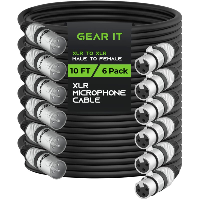 GearIT XLR to XLR Microphone Cable (10 Feet, 6-Pack) XLR Male to Female Mic Cable 3-Pin Balanced Shielded XLR Cable for Mic Mixer, Recording Studio, Podcast - Black, 10ft, 6 Pack - Image 1