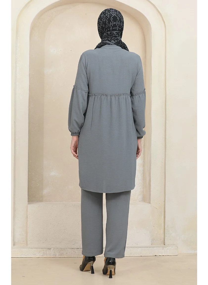 Sefa Merve Aerobin Fabric Pleated Tunic Trousers Double Suit 1006-01 Gray