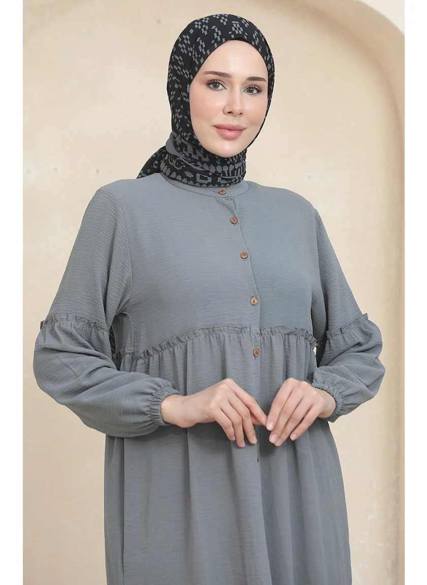 Sefa Merve Aerobin Fabric Pleated Tunic Trousers Double Suit 1006-01 Gray