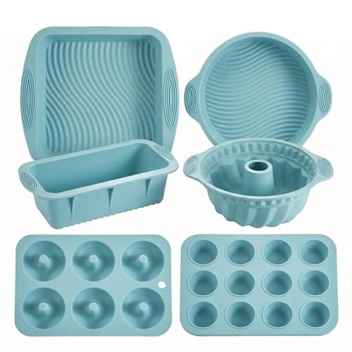 YADASWELL Nonstick Silicone Bakeware Set, 6 set Baking Cake Pan, Economical BPA Free Heat Resistant Bakeware Tools for DIY Loaf Bread Cheesecake Pizza Cupcake Muffin (Blue) - Image 1