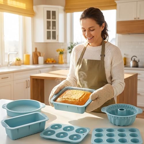 YADASWELL Nonstick Silicone Bakeware Set, 6 set Baking Cake Pan, Economical BPA Free Heat Resistant Bakeware Tools for DIY Loaf Bread Cheesecake Pizza Cupcake Muffin (Blue) - Image 3
