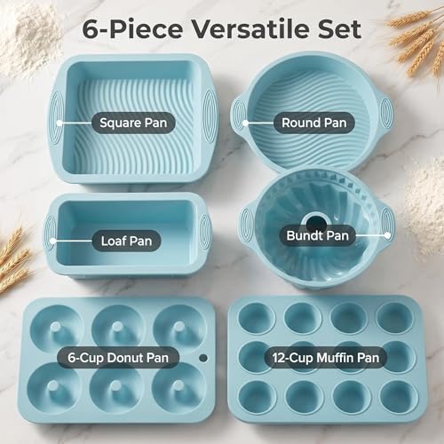 YADASWELL Nonstick Silicone Bakeware Set, 6 set Baking Cake Pan, Economical BPA Free Heat Resistant Bakeware Tools for DIY Loaf Bread Cheesecake Pizza Cupcake Muffin (Blue) - Image 4