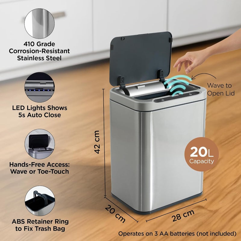 Kuber Industries 20L Stainless Steel Automatic Touchless Motion Sensor Dustbin Quick Open Soft Close Lid Garbage Bin for Kitchen Bathroom Indoor Outdoor Trash Can - Image 4